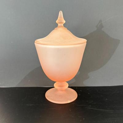 Pink frosted Depression glass candy dish