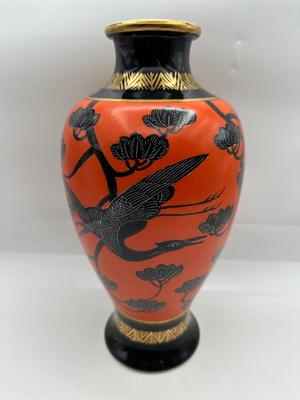 Vintage Japanese Aikozan Vase – 12” Hand-Painted Cranes & Lotus Vase