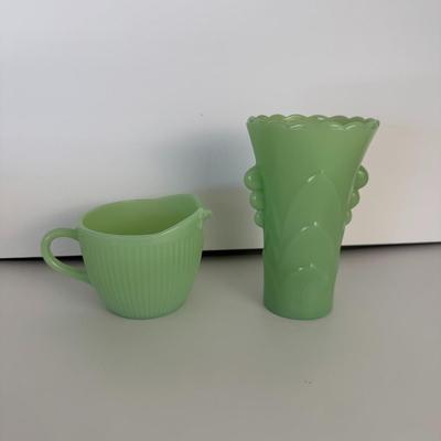 Fire King Milk Glass Pitcher and Vase, Cake Stand, Glass Vase