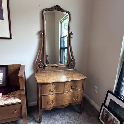 Antique Tiger Oak Mirrored Vanity with Rotating Mirror