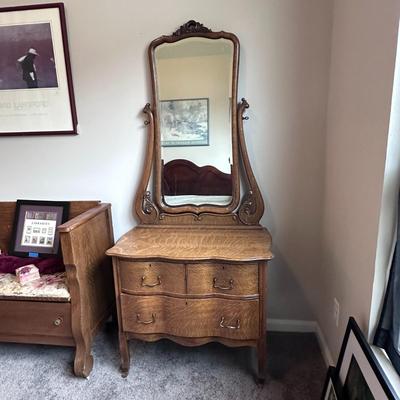 Antique Tiger Oak Mirrored Vanity with Rotating Mirror