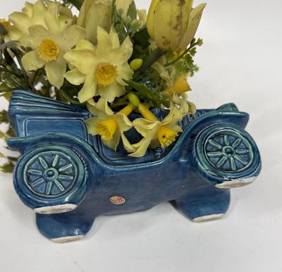Vintage Enesco Japan Model T Convertible Glazed Ceramic Planter with Artificial Flowers