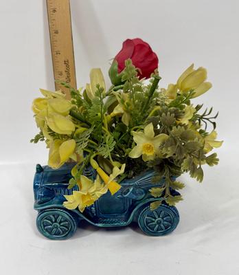 Vintage Enesco Japan Model T Convertible Glazed Ceramic Planter with Artificial Flowers