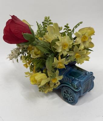 Vintage Enesco Japan Model T Convertible Glazed Ceramic Planter with Artificial Flowers