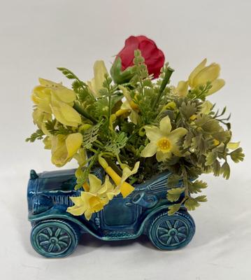 Vintage Enesco Japan Model T Convertible Glazed Ceramic Planter with Artificial Flowers
