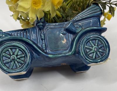 Vintage Enesco Japan Model T Convertible Glazed Ceramic Planter with Artificial Flowers