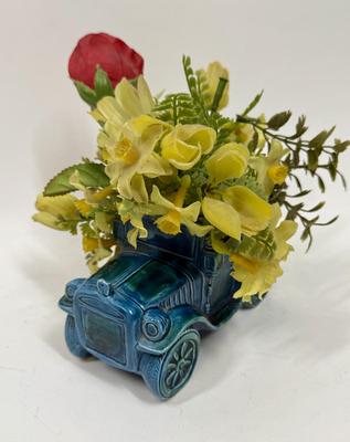 Vintage Enesco Japan Model T Convertible Glazed Ceramic Planter with Artificial Flowers