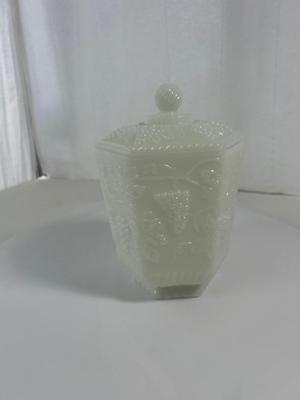 Milk Glass Jar with Lid & Grape Design