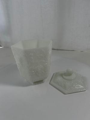 Milk Glass Jar with Lid & Grape Design
