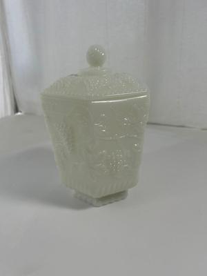 Milk Glass Jar with Lid & Grape Design