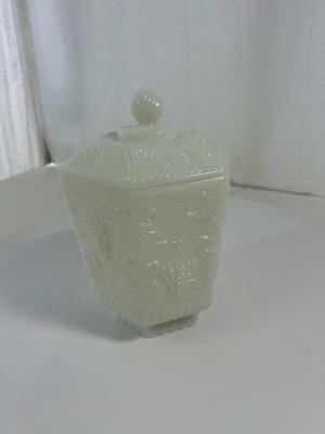 Milk Glass Jar with Lid & Grape Design