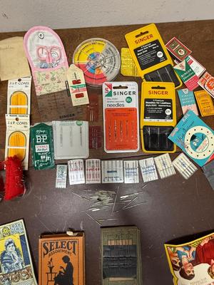 Vintage Sewing Notions Lot - mostly needles, pins - needles in antique paper card booklets