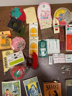 Vintage Sewing Notions Lot - mostly needles, pins - needles in antique paper card booklets
