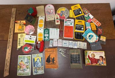 Vintage Sewing Notions Lot - mostly needles, pins - needles in antique paper card booklets