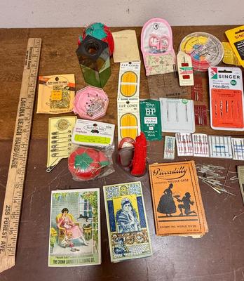 Vintage Sewing Notions Lot - mostly needles, pins - needles in antique paper card booklets