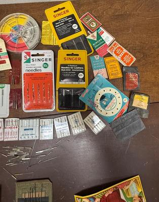 Vintage Sewing Notions Lot - mostly needles, pins - needles in antique paper card booklets