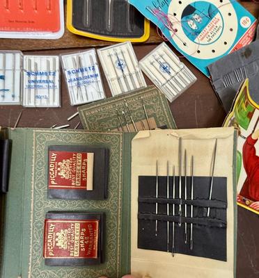 Vintage Sewing Notions Lot - mostly needles, pins - needles in antique paper card booklets