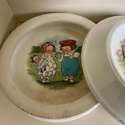 UBC1511 Lot of Antique Children's Baby Plates and Pressed Glass Mugs and Bowls