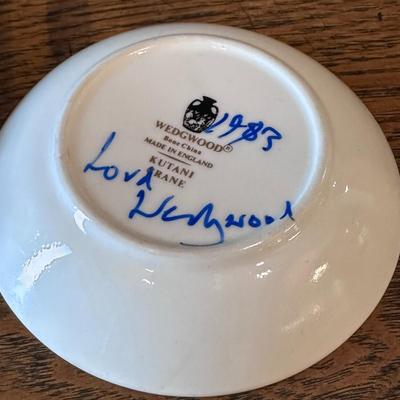 China Teacup, saucer, and Wedgwood plate, signed