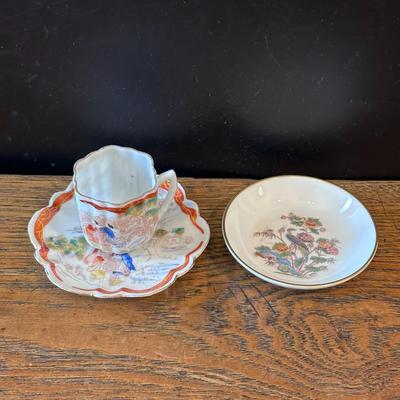 China Teacup, saucer, and Wedgwood plate, signed