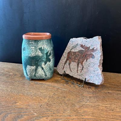 Moose-themed pottery and Granite art