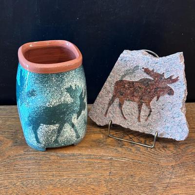 Moose-themed pottery and Granite art