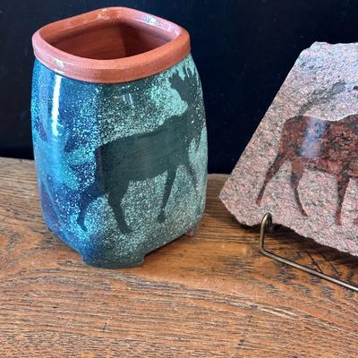 Moose-themed pottery and Granite art