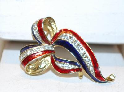 Red, White & Blue Bejeweled "Ribbon" PIN (2½" x 1½") Marked ©2006 AD