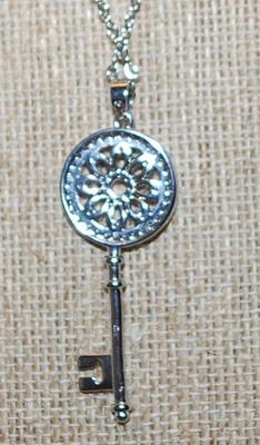 Mandala-Style KEY PENDANT 1¾" x ½" on a Silver Tone Necklace Chain 17" L