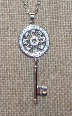 Mandala-Style KEY PENDANT 1¾" x ½" on a Silver Tone Necklace Chain 17" L