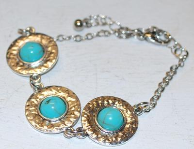 Crackled Turquoise Style Silver Tone Disks Bracelet 6" Circumference