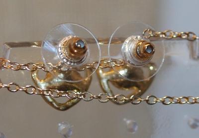 Green Hearts JEWELRY SET Includes Earrings (½") with POST Ends; ADJUSTABLE Size 7 Ring & PENDANT (½") on a Gold Tone...