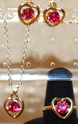 Red Hearts JEWELRY SET Includes Earrings (½") with Post Ends; ADJUSTABLE Size 7 Ring & PENDANT (½") on a Gold Tone Necklace...