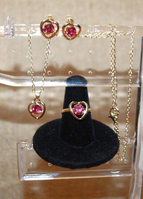 Red Hearts JEWELRY SET Includes Earrings (½") with Post Ends; ADJUSTABLE Size 7 Ring & PENDANT (½") on a Gold Tone Necklace...