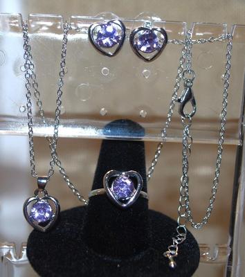 Blue Hearts JEWELRY SET Includes Earrings (½") with Post Ends; ADJUSTABLE Size 7 Ring & PENDANT (½") on a Silver Tone...