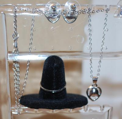 Blue Hearts JEWELRY SET Includes Earrings (½") with Post Ends; ADJUSTABLE Size 7 Ring & PENDANT (½") on a Silver Tone...