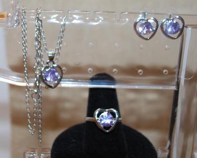 Lavender Hearts JEWELRY SET Includes Earrings (½") with Post Ends; ADJUSTABLE Size 7 Ring & PENDANT (½") on a Silver Tone...