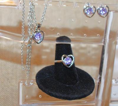 Lavender Hearts JEWELRY SET Includes Earrings (½") with Post Ends; ADJUSTABLE Size 7 Ring & PENDANT (½") on a Silver Tone...