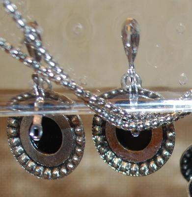 Black Circles JEWELRY SET Includes Earrings (1" Circ.) with English Lock; ADJUSTABLE Size 8 Ring & PENDANT (1" Circ.) on a...