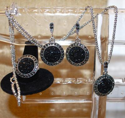 Black Circles JEWELRY SET Includes Earrings (1" Circ.) with English Lock; ADJUSTABLE Size 8 Ring & PENDANT (1" Circ.) on a...