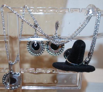 Black Circles JEWELRY SET Includes Earrings (1" Circ.) with English Lock; ADJUSTABLE Size 8 Ring & PENDANT (1" Circ.) on a...