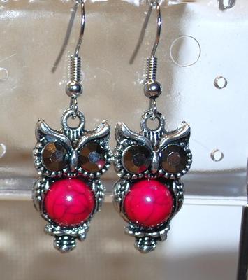 JEWELRY SET Includes Red Belly Owl Earrings (¾" x ½") with Wire Hook & PENDANT (2" x 1") on a Silver Tone...