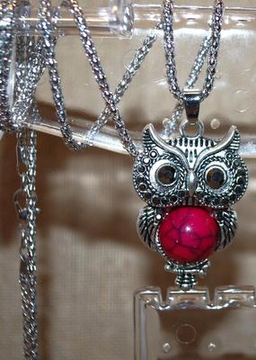 JEWELRY SET Includes Red Belly Owl Earrings (¾" x ½") with Wire Hook & PENDANT (2" x 1") on a Silver Tone...