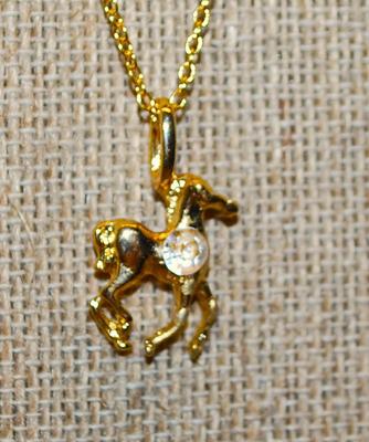 Bright Gold Colored HORSE CHARM/PENDANT (¾" x ½") with a Single Round Clear Stone and a Gold Tone Necklace Chain 17" L
