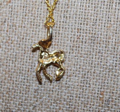 Bright Gold Colored HORSE CHARM/PENDANT (¾" x ½") with a Single Round Clear Stone and a Gold Tone Necklace Chain 17" L
