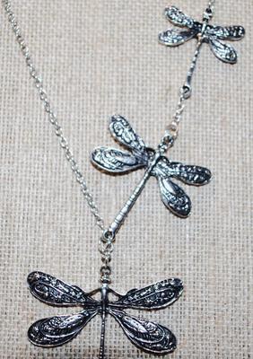 Triple Dragonflies Silver Tone PENDANTS (2" & Smaller) on a Silver Tone Long Necklace Chain 26" L