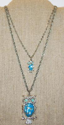 Blue with Green Eyes "Mother Owl & Baby" PENDANTS (2" x 1")(1" x ½") on a Silver Tone Necklace Chain...