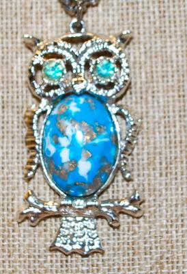 Blue with Green Eyes "Mother Owl & Baby" PENDANTS (2" x 1")(1" x ½") on a Silver Tone Necklace Chain...