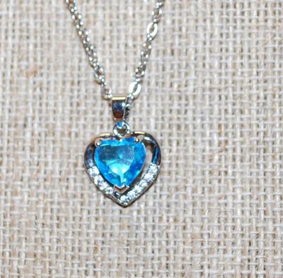 Heart Shaped Blue Stone PENDANT (¾" x ¾") in a Heart Full Surround Setting on a Silver Tone Necklace Chain 18" L