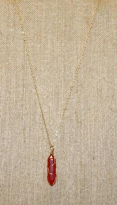 Cranberry Red Long Prism PENDANT (1½" x ½") on a Gold Tone Necklace Chain 18" L